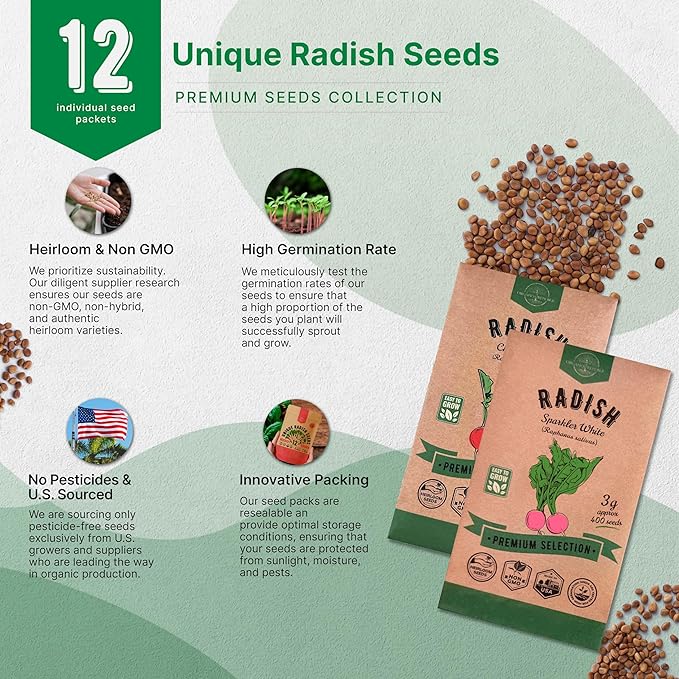Organo Republic 12 Radish Seeds Variety Pack for Indoor & Outdoors 2400+ Heirloom Non-GMO Radish Garden Seeds: Daikon, Cherry Belle, French, Breakfast, Champion, Purple, Watermelon Radishes Seeds