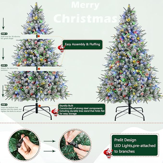 SHareconn 6.5ft Pre-Lit Flocked Spruce Artificial Hinged Christmas Tree with Remote, Timer and 400 Warm White & Multi-Color Lights, 1062 Branch Tips, Perfect Choice for Xmas Decoration, 6.5 FT, White