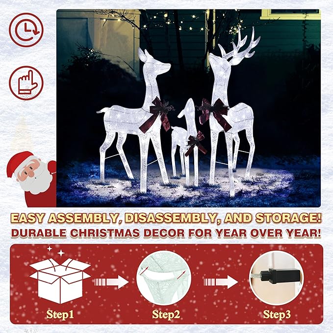 MUPATER Outdoor Christmas Decoration Lighted Deer Family Set Indoor, Christmas Holiday Yard Decor 3-Piece Set for Lawn and Home Party with Lights, Ground Stakes and Zip Ties, White