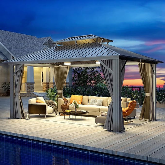 12'x14' Hardtop Gazebo, Outdoor Double Roof Galvanized Steel Gazebos, Aluminum Frame Permanent Pavilion with Curtains & Netting for Backyard, Patio, Deck