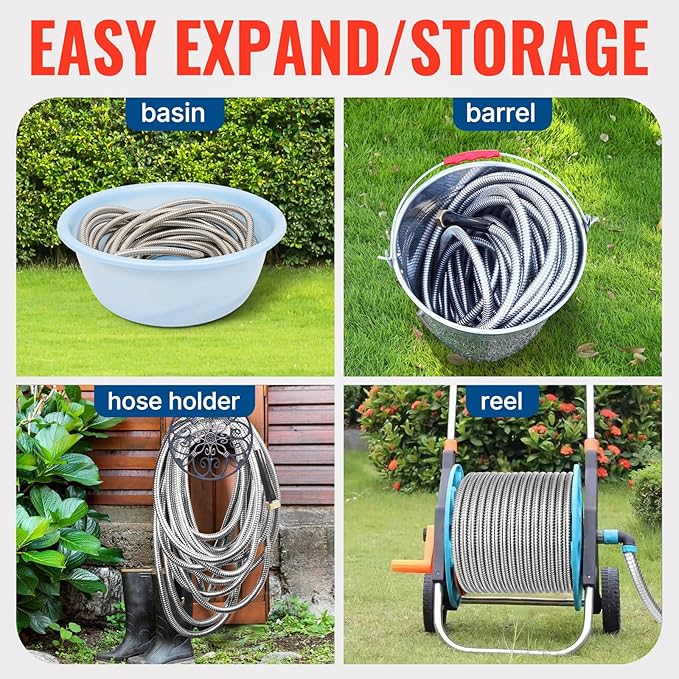 YAMATIC 40FT Stainless Steel Garden Hose with 10 Pattern Spray Nozzle, Heavy Duty Metal Water Hose, Kink-Free, Rust Resistant Hose for Yard, Lawn, RV, Outdoor