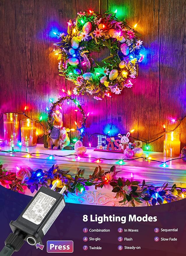 Easter Mini Christmas Lights, 39 Feet 100 LED Pastel Mini Lights with 8 Lighting Modes On Green Wire, Connectable Twinkle Light for Indoor Outdoor Party Yard Garden Patio Home Wreath Decoration