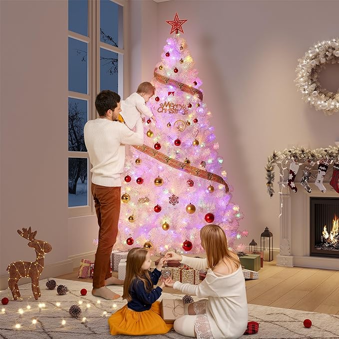GarveeHome 4.5ft Prelit Artificial Christmas Tree with 150 Warm White Lights, Pre-Lit Snow Flocked Pencil Christmas Tree, Foldable Base,Holiday Decoration for Home, Office, Party,Laser White