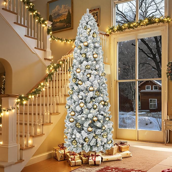 HOLLO STAR 7.5 ft Flocked Prelit Christmas Tree with 348 LED Lights, App Control, Skinny Artificial Pencil Christmas Tree, Multi-Color RGBW Lights, 960 Branch Tips, for Small Space, Home, Party