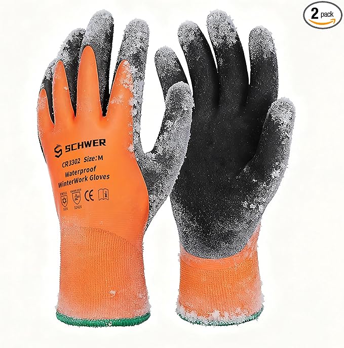 Schwer 2 Pairs FreezeGuard Winter Work Gloves, ANSI A2 Cut Resistant Freezer Gloves for Outdoor Cold Weather Keep Hands Warm, Waterproof Gloves for Shoveling Snow, Ice Fishing, M