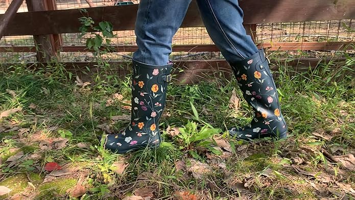 Rongee Rain Boots for Women Waterproof Garden Outdoor Mud Boots Printed with Adjustable Buckle