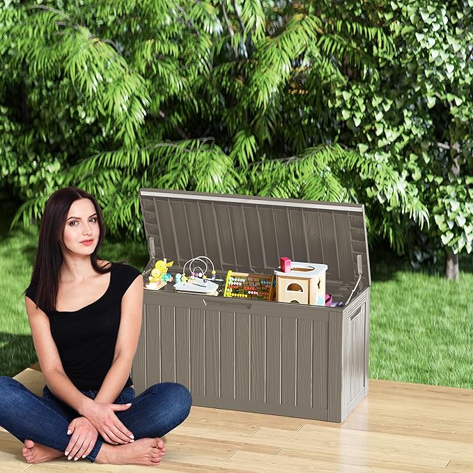 80 Gallon Waterproof Large Resin Deck Box Indoor/Outdoor Lockable Storage Container and Seating for Garden, Pool, and Patio (80 Gallon, Grey)