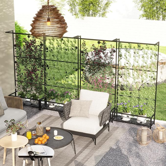 MOTION Metal Planter with Trellis - Raised Bed with Trellis for Vine Climbing Plants Flowers, 74.6 Inch Height Privacy Screen with Hanging Plant Pot Shelf, Black