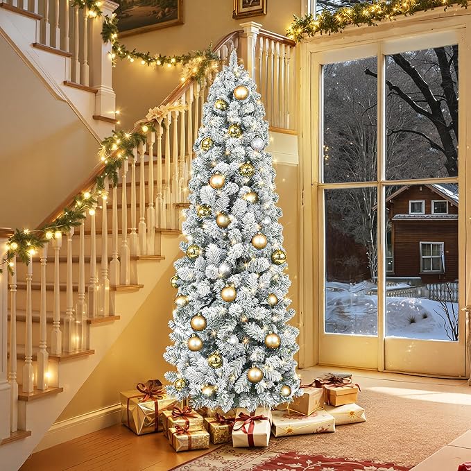 HOLLO STAR 6 ft Flocked Prelit Christmas Tree with 250 LED Lights, App Control, Skinny Artificial Pencil Christmas Tree, Multi-Color RGBW Lights, 770 Branch Tips, for Small Space, Home, Party