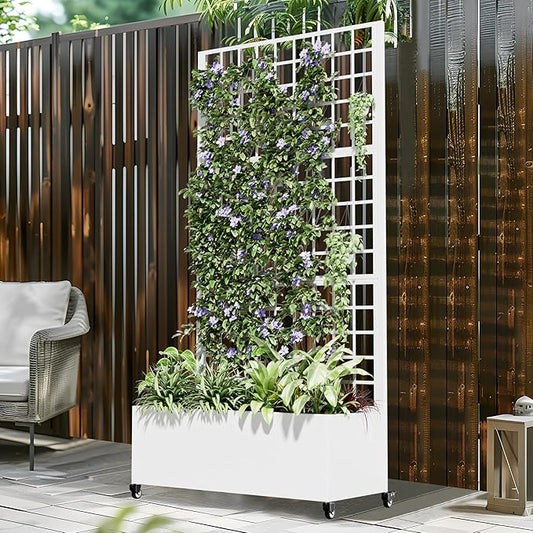 Casaphoria Metal Raised Garden Bed with Trellis and Wheels, 72"x35"x16" Planter Box for Climbing Plants, Vegetables & Vines, Features Drainage Holes and Privacy Screen (White-Square)