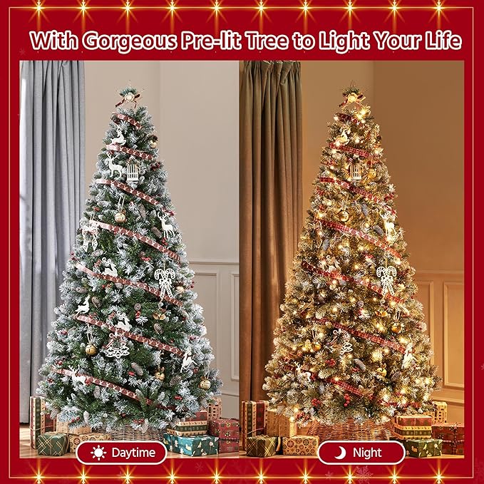 Yaheetech 7.5ft Pre-lit Frosted Artificial Hinged Christmas Tree with 1398 Flocked PVC Tips,88 Pine Cones,88 Holly Berries & 500 Warm White Lights,Foldable Stand,Green