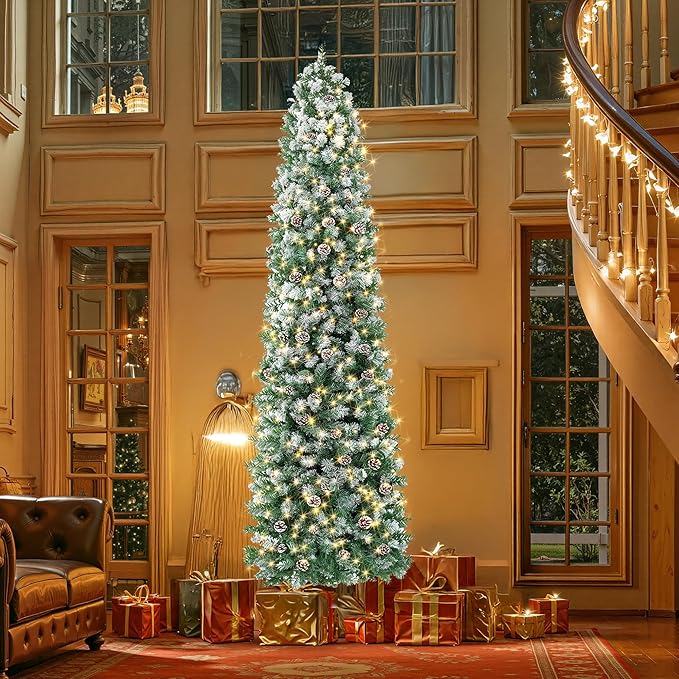 HOLLO STAR 9 ft Prelit Christmas Tree with 500 LED Lights, App Control, Slim Pencil Christmas Tree, Multi-Color RGBW Lights, 1426 Flocked Frosted Tips, Xmas Tree, 95 Pine Cones, for Home, Party