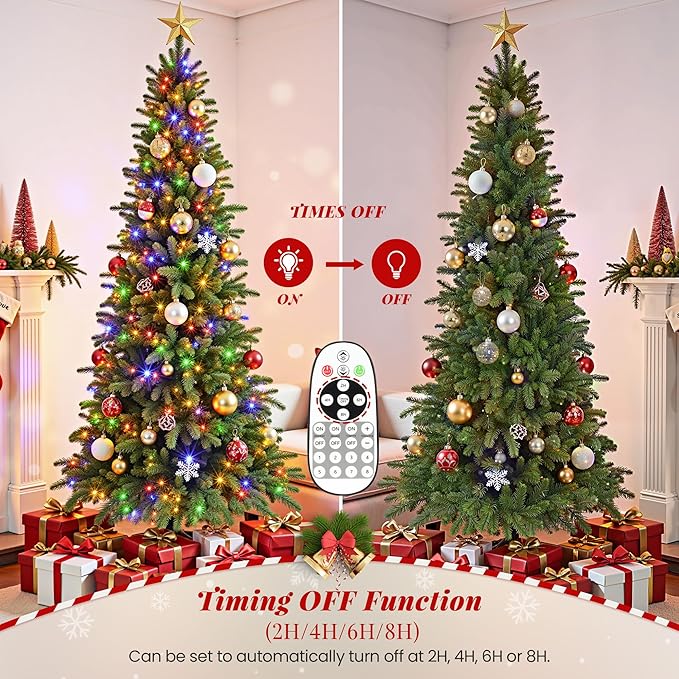 Pencil Christmas Tree with Rotating Metal Stand, Green Slim Pre-Lit Artificial Tree 6.5FT with Music Function, 290 Warm & Multi-Color LED Lights with 8 Lighting Modes