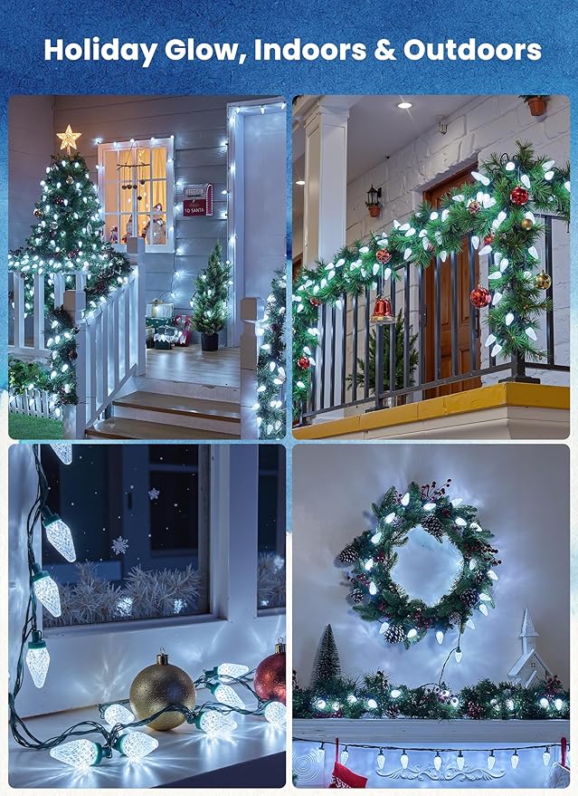 C9 LED Christmas Lights Outdoor, 81 Feet 100 LED String Lights With Timer & 8 Lighting Mode, Waterproof Commercial Grade Extendable for Indoor Outside Roofline Patio Home Xmas Decoration, Pure White