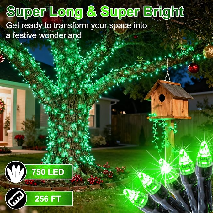 750 LED 256ft Outdoor Christmas Lights, Super Long String Lights 8 Modes Timer Memory, Outsite Waterproof Dark Green Wire Fairy Light Strings for Xmas Tree Wedding Holiday Party Decorations Green