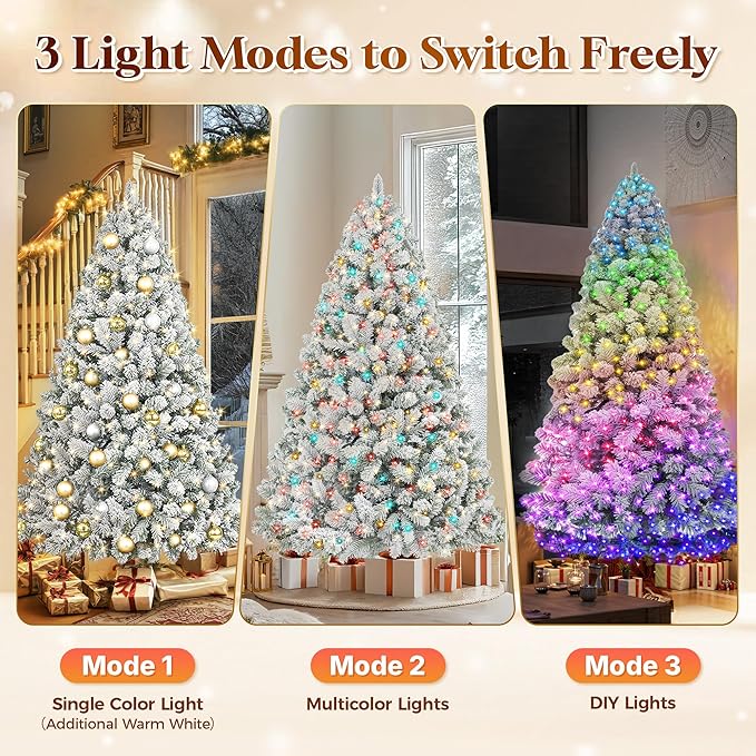HOLLO STAR 6 ft Flocked Prelit Christmas Tree with 350 LED Lights, App Control, Artificial Christmas Tree, Multi-Color RGBW Lights, 947 Branch Tips, Snow Xmas Tree, for Home, Party