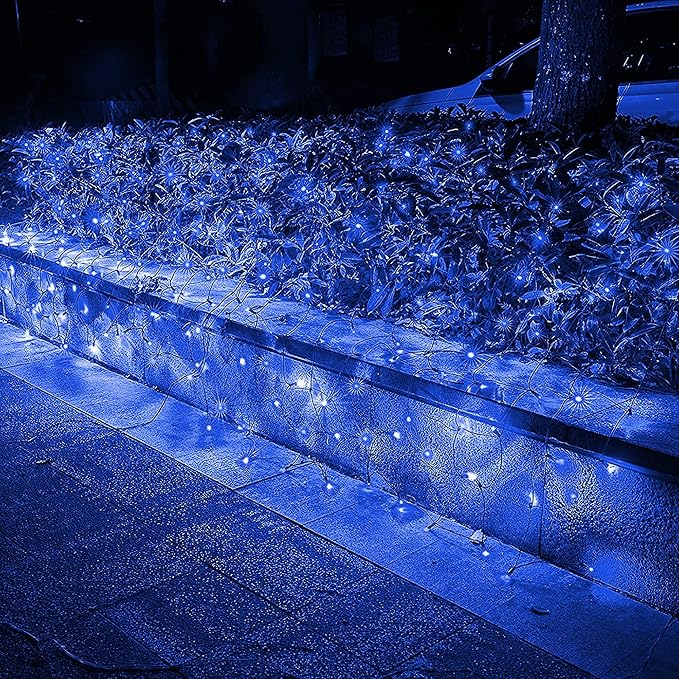 Dazzle Bright Christmas Net Lights, 360 LED 12FT x 5 FT Green Wire Waterproof Connectable String Lights with 8 Modes, Christmas Outdoor Light for Bushes Garden Party Wedding Holiday Decoration (Blue)