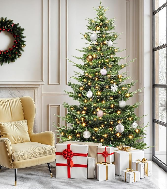 DWVO 7.5ft Aspen Fir Artificial Christmas Tree, Layered Christmas Tree with Crystal Embellishments, 1319 Mixed PE & PVC Branch Tips, 700 Lights, in a Vibrant Green