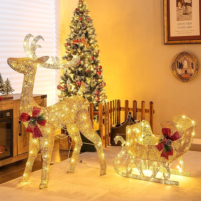 Tangkula 4.7 FT Lighted Christmas Reindeer & Sleigh, Xmas Lighted Outdoor Decoration with 100 Warm Lights, 8 Ground Stakes, 30 Cable Ties, Light-up Santa Sleigh & Reindeer for Yard, Home