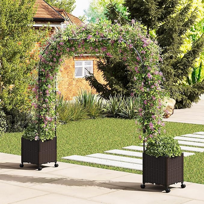 Happygrill 80" Garden Arch Trellis, Metal Archway Pergola with 2 Planter Boxes, Detachable PE-Coated Metal Tubes, Self-Watering System & Lockable Wheels, Outdoor Arbor for Climbing Plants