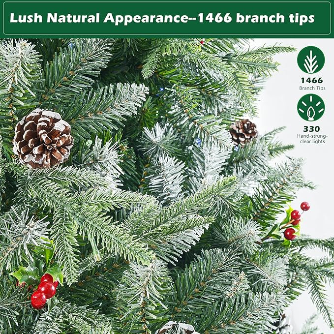 SHareconn 6.5ft Pre-Lit Flocked Spruce Artificial Hinged Christmas Tree with Remote, Timer and 400 Warm White & Multi-Color Lights, 1062 Branch Tips, Perfect Choice for Xmas Decoration, 6.5 FT, White