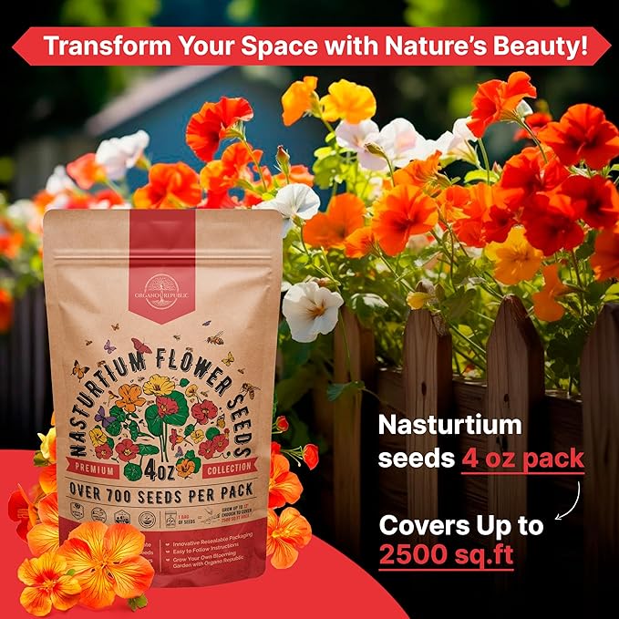 Nasturtium Seeds Pack 4 oz - Over 700 Non-GMO Heirloom Nasturtium Seeds for Planting, Edible Flowers in Individual Seed Packet for Planting Home Garden Indoor & Outdoor Gardening