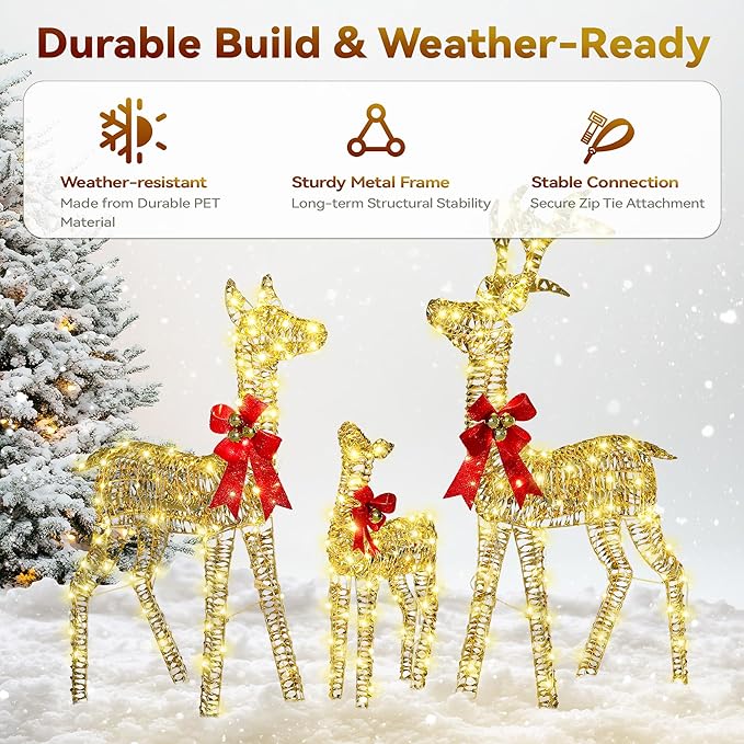3-Piece Large Christmas Deer Outdoor Decorations, 4.5ft Lighted Reindeer Family Set Christmas Yard Decor, Light Up Reindeer Christmas Decor with 350 LEDs, Stakes, Zip Ties, Unique Gold Rattan