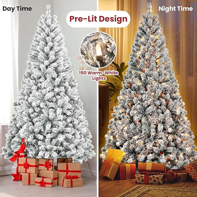 5FT Pre-Lit Flocked Christmas Tree with 150 Warm White Lights, Full White Christmas Tree with Premium PVC Branches,Realistic Snowy Look, Indoor Fake Snow Xmas Tree for Home Office Shops