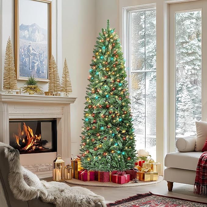 HOLLO STAR 6 ft Prelit Christmas Tree with 247 LED Lights, App Control, Artificial Pencil Christmas Tree with Multi-Color RGBW Lights, 715 Branch Tips, Skinny Xmas Tree, Metal Base, for Home, Party