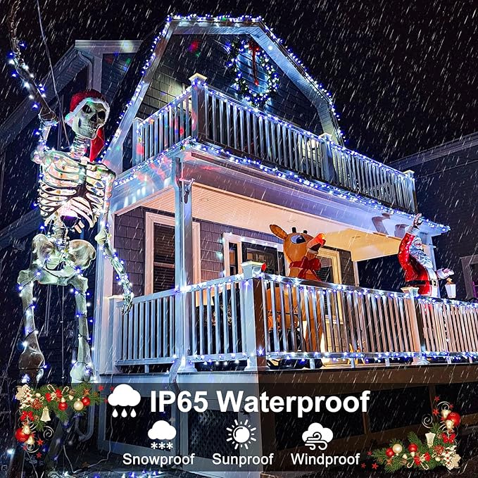 Christmas Lights Outdoor, 66FT 200 LED Christmas Tree Lights with 8 Modes Waterproof, Green Wire Plug in String Light for Indoor Patio Garden Xmas Party Wedding Holiday Decor, Blue White