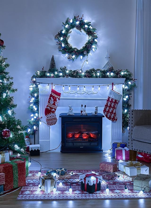 Brightown C9 Christmas Lights Outdoor, 114FT 150 LED Pure White String Lights with Timer, 8 Modes, Plug-in UL Listed Waterproof Connectable Christmas Tree Lights for House, Roof, Garden, Patio Decor