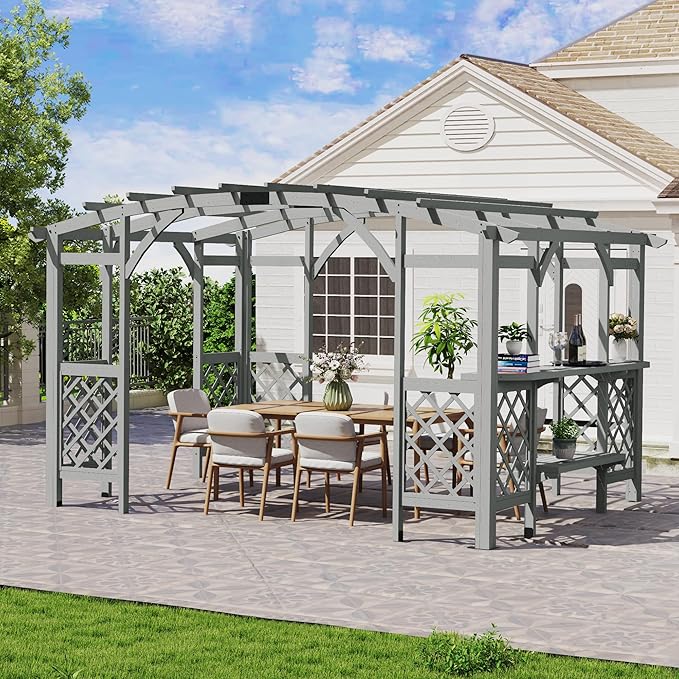 10' x 14' Wood Pergola Outdoor, Patio Pergola Solid Structure with Shelves, Painted Wood Frame with Arched Top for Garden Porch Deck,Grey