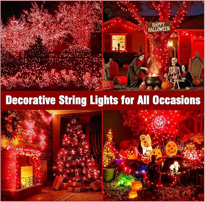 Nisocy 66FT 200 LED Red String Lights with Green Wire, Waterproof Christmas Tree Fairy Lights with 8 Modes, Indoor Outdoor Decorative Lighting for Holiday, Party, Garden, Patio