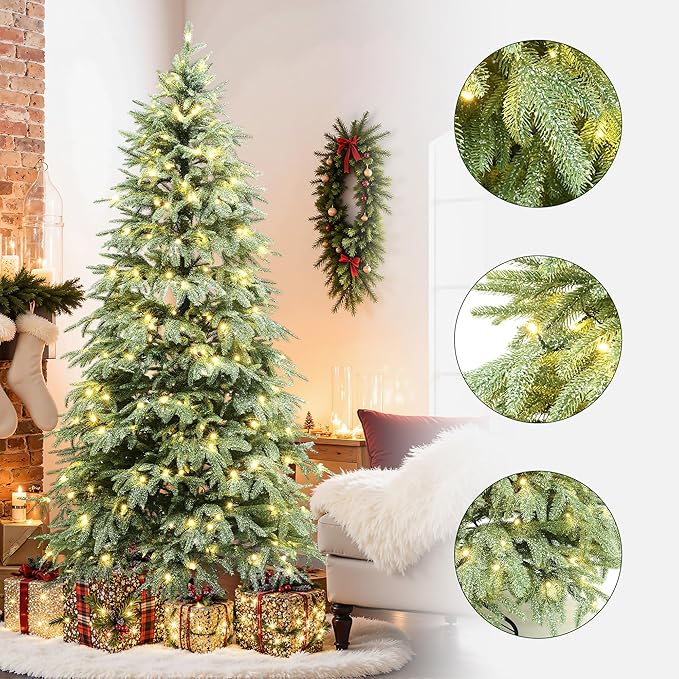 LuxenHome 6.5FT Prelit Christmas Tree with Lights, Green Flocked Artificial Christmas Tree with 350 LED Lights, 688 PE Branch Tips, Plug-in Prelit Pine Tree Indoor, Outdoor Holiday Décor