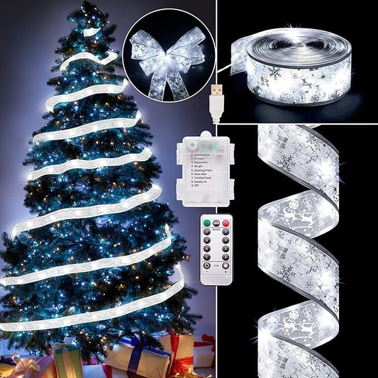 Christmas Decorations, 2.5Inch x 33Ft 100 Led Christmas Tree Ribbon Lights with Remote Control, Battery Operated & USB Powered 8 Lighting Modes Fairy String Lights with Timer for Xmas Decor