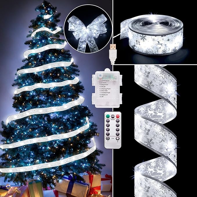 Christmas Decorations - 2.5Inch x 66Ft 200 Led Christmas Tree Ribbon Lights with 8 Lighting Modes, Battery Operated & USB Powered Fairy String Lights with Timer for Xmas Tree Decor