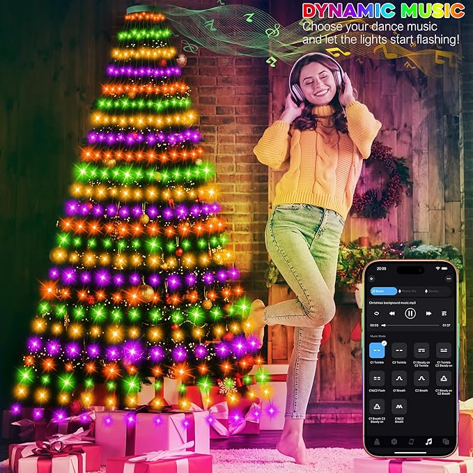 30+ Modes Ring Christmas Tree Lights Indoor Outdoor - 10Ft x 12 Lines 432 LED Easy App Control Color Changing Timer Remote Waterproof for 7.5 8 9 10 11 Ft Xmas Trees (Warm White to Multicolor)