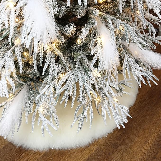 LuxenHome 7.5FT Flocked Artificial Christmas Tree, Downswept Branches Spruce Prelit Christmas Trees with 350 Warm White LED Lights and Feather Accents, 3514 PE+PVC Tips, Xmas Tree Holiday Decor