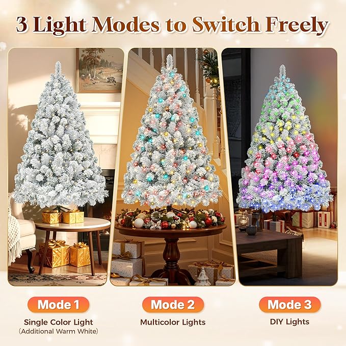 HOLLO STAR 4.5 ft Flocked Prelit Christmas Tree with 200 LED Lights, App Control, Artificial Christmas Tree, Multi-Color RGBW Lights, 400 Branch Tips, Snow Xmas Tree, for Home, Party