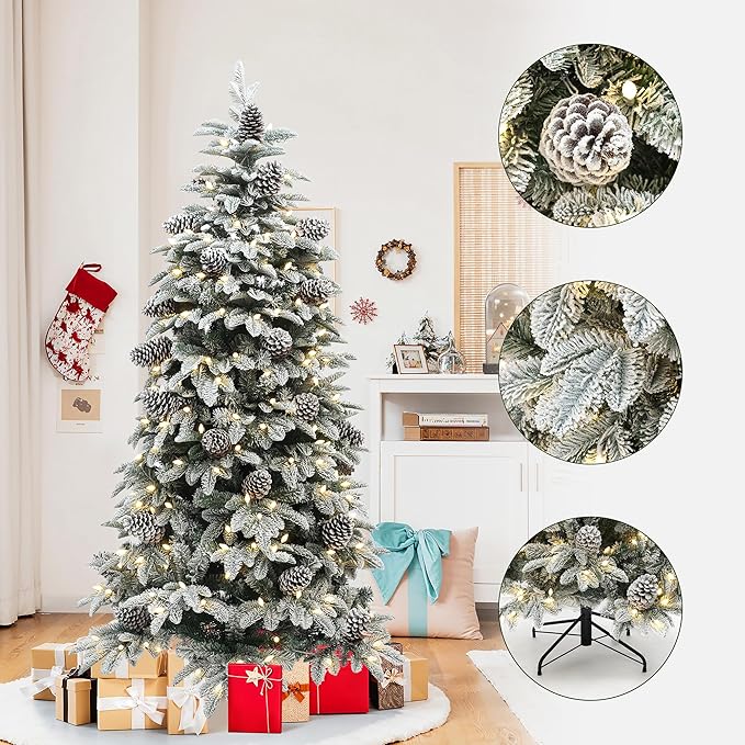 LuxenHome 6FT Christmas Tree with Lights, Flocked Artificial Christmas Tree with 8 Lighting Functions, 250 LED Lights, Pine Cone, Prelit Xmas Trees for Indoor and Outdoor Holiday Decor