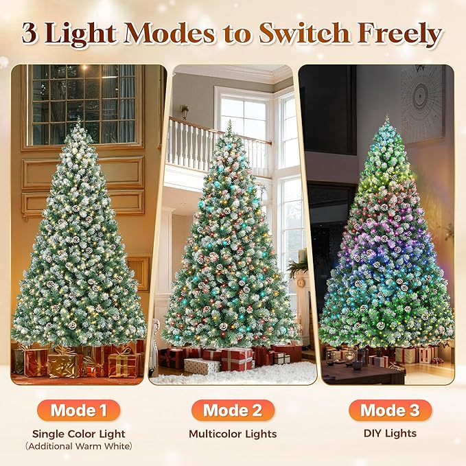 HOLLO STAR 9 ft Prelit Christmas Tree with 549 LED Lights, App Control, Artificial Christmas Tree, Multi-Color RGBW Lights, 2400 Flocked Frosted Tips, 115 Pine Cones, Metal Base, for Home, Party