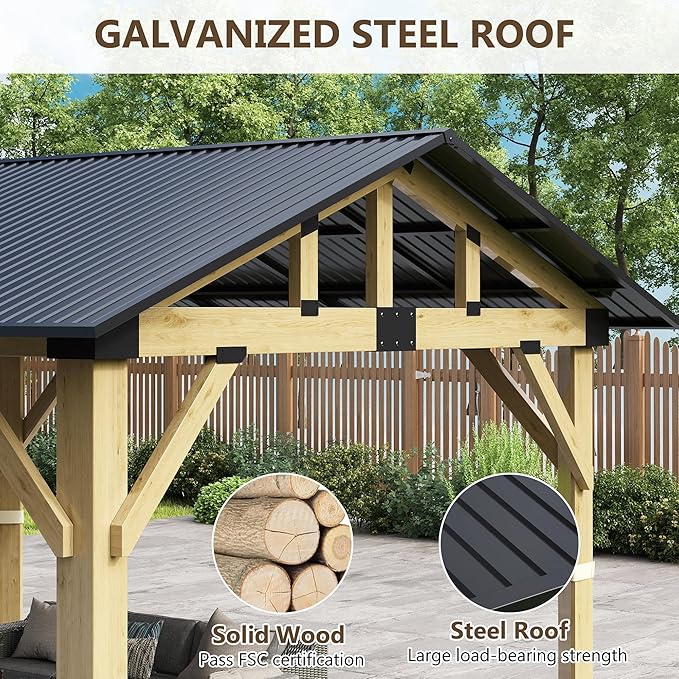 Wood Gazebo 10'x12', Cedar Wooden Gazebos, Outdoor Hardtop Gazebo with Waterproof Steel Roof, Fit Patio, Backyard, Garden, Lawns, Porch