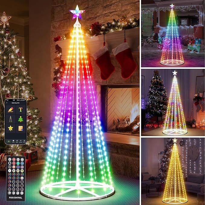 6FT Outdoor Christmas Tree Lights, Multicolor Prelit Smart Cone Christmas Tree with Star Topper, Music Sync, App & Remote Control, LED Light Show Tree for Indoor Outdoor