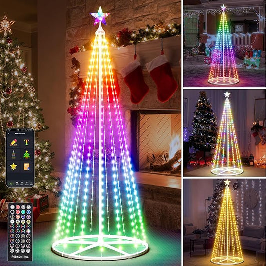 6FT Outdoor Christmas Tree Lights, Multicolor Prelit Smart Cone Christmas Tree with Star Topper, Music Sync, App & Remote Control, LED Light Show Tree for Indoor Outdoor