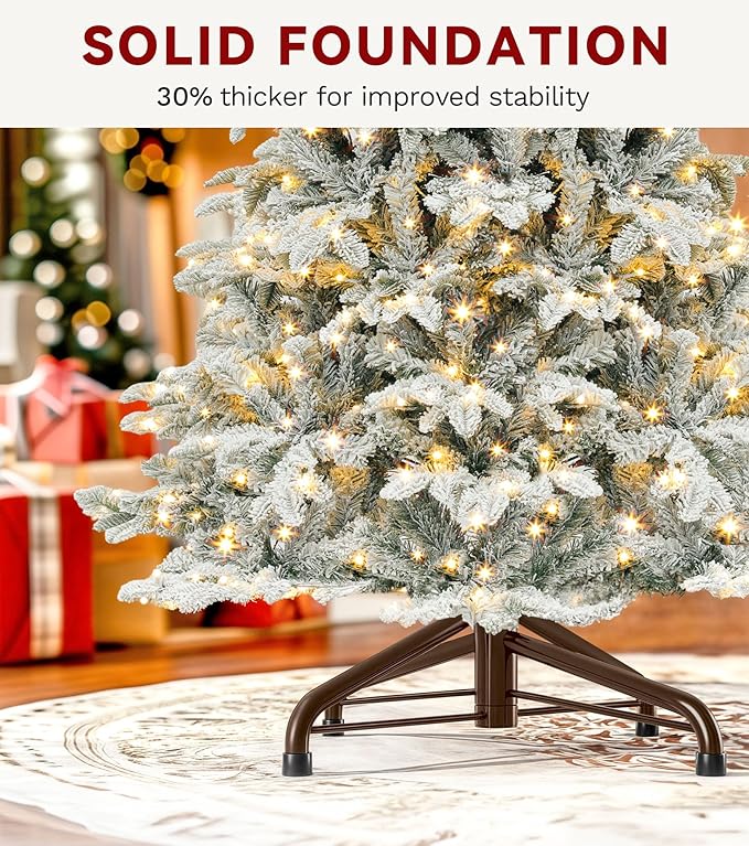 DWVO 7.5 FT Pre-Lit Snow Flocked Christmas Tree, Layered Artificial Xmas Tree with 1010 PE & PVC Branch Tips and 450 Multi-Mode Lights for Home, Office, and Party Decor with Remote Control