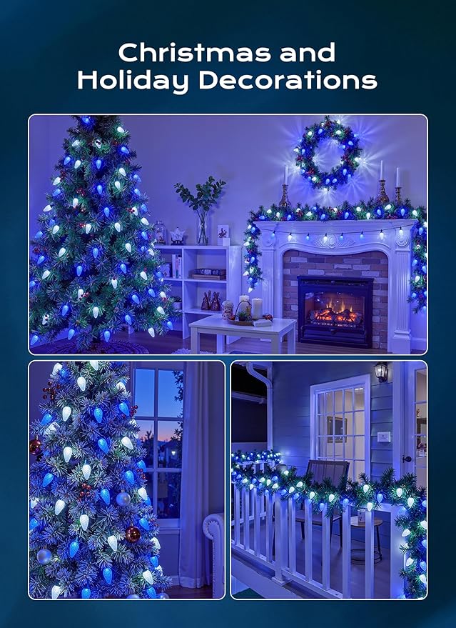 C9 Christmas Lights Outdoor, 66 FT 100 LED Connectable C9 String Lights with 8 Modes and Timer Xmas Tree Patio Roofline Garden Yard Holiday Party Indoor Outdoor Decoration, Blue and White