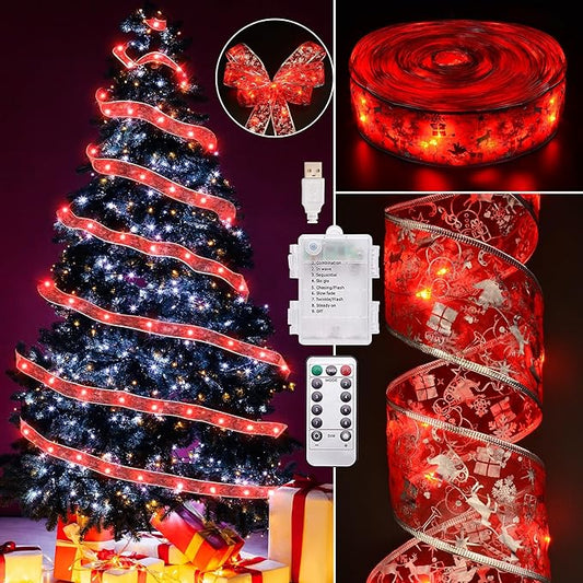 Christmas Decorations - 2.5Inch x 66Ft 200 Led Christmas Tree Ribbon Lights with 8 Lighting Modes, Battery Operated & USB Powered Fairy String Lights with Timer for Xmas Tree Decor