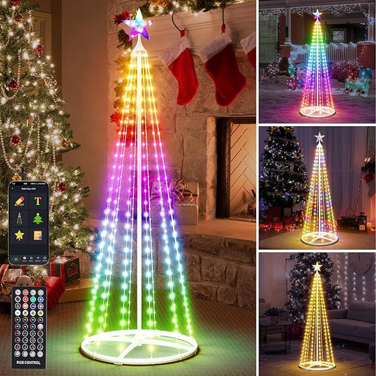 5FT Outdoor Christmas Tree Lights, Multicolor Prelit Smart Cone Christmas Tree with Star, Music Sync, App & Remote Control, LED Light Show Tree for Indoor Outdoor Decorations