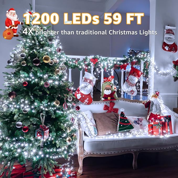 1200 LED 59 FT Cluster Lights, White Christmas Tree Lights 8 Modes Timer Remote, Waterproof String Lights for Indoor Outside Garland Xmas Decorations