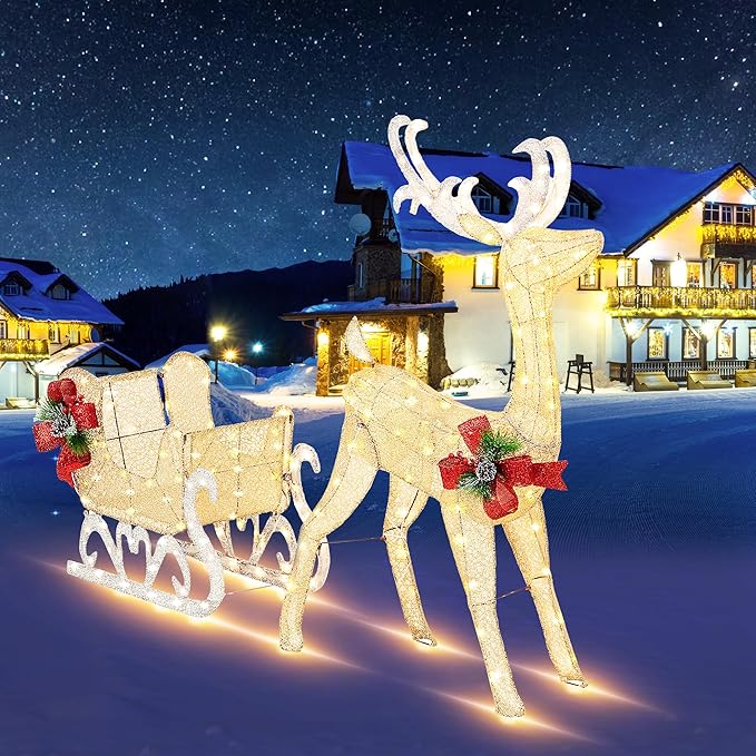 Vongrasig 4FT Lighted Christmas Reindeer & Sleigh Outdoor Yard Decoration Set W/ 205 LED Lights & 8 Ground Stakes, Zip Ties, Artificial Xmas Lighted Holiday Decor for Indoor and Outdoor(Gold)